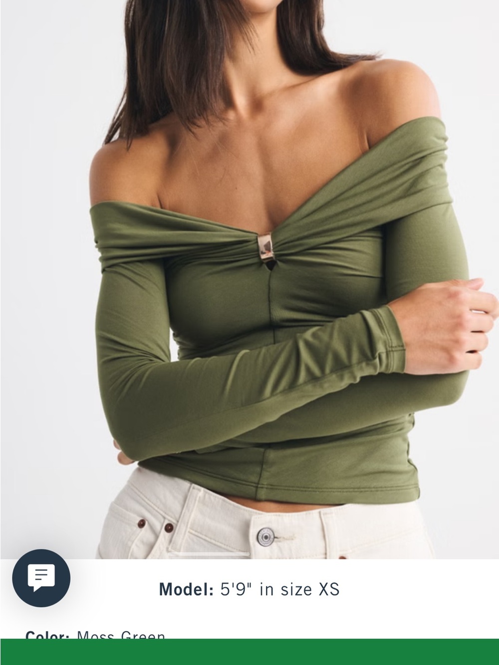 Abercrombie & Fitch Off-Shoulder Moss Green Long Sleeve Top with Front Ring